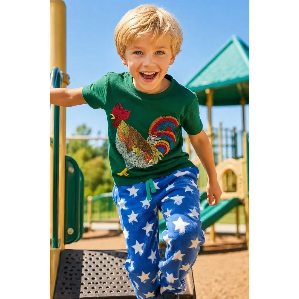 Mini Boden Boys Rooster Tee Shirt & Star Fleece Lounge Pants Set Size: 5-6 Years